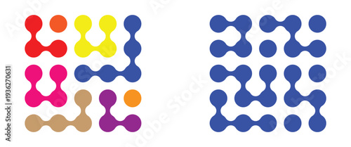 Connected dots icon. Circles pattern sign. Integration symbol. Abstract point movement.  Meta ball icon. Point movement symbol. Connected blobs. Meta balls transition. Flat logo.