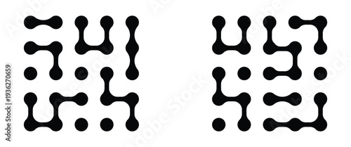 Pattern of black meta balls isolated on white background. Modern geometric shapes of liquid connected drops. Diagonal meta ball connected circles shape. Abstract nerve cell dots or computer nano net.
