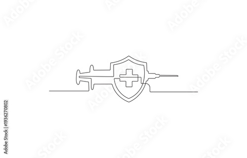 Minimalist single line art of syringe and shield for vaccination protection