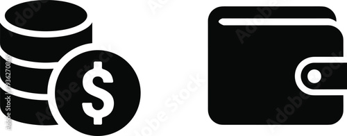 PrintBlack wallet and coin stack icons, dollar currency symbols isolated on white background for financial banking and savings,