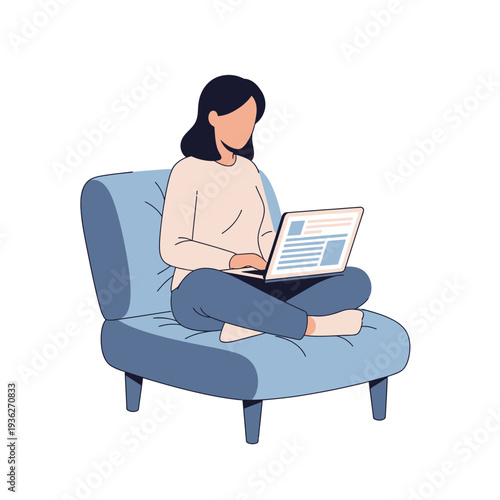 Woman working on laptop while sitting on sofa.