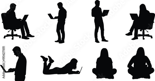 Laptop user silhouettes in diverse postures, working and browsing positions illustration, ergonomic vector art design, modern digital lifestyle concept