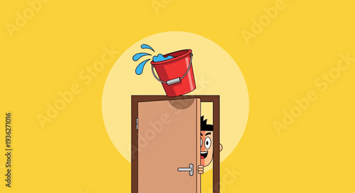 Classic Bucket Water Door Prank April Fools Vector Illustration