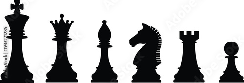 Printchess pieces silhouette set, king queen bishop knight rook pawn black strategy board game icons isolated vector