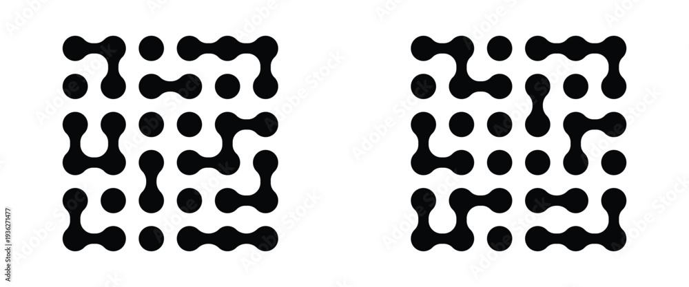 Fototapeta premium Dots meta ball black pattern. A set and collection of abstract round shapes on a white background. Modern contemporary geometric shapes and elements. Meta ball pattern. Liquid drops or morph shapes.