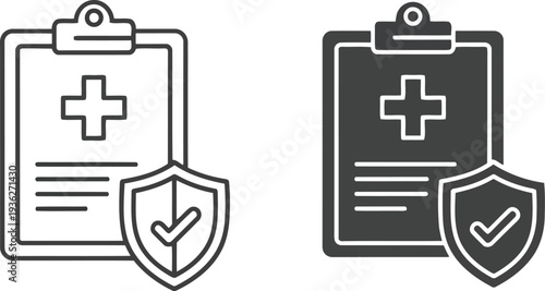 Medical insurance clipboard icon set with shield and checkmark for healthcare and protection concepts