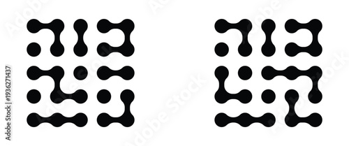 Set black meta balls isolated on a white background. Set Meta ball pattern. Black vector connect circle shapes with geometric dots.