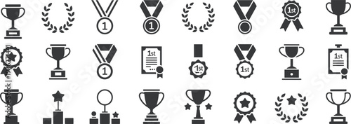 PrintCollection of black trophy and medal icons, victory award symbols, first place laurel wreaths, and podium silhouettes,