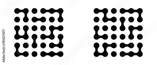 Dots meta ball black pattern. A set and collection of abstract round shapes on a white background. Modern contemporary geometric shapes and elements. Meta ball pattern. Liquid drops or morph shapes. 