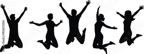 PrintGroup of happy people jumping in celebration silhouette isolated on white background for success, freedom, and teamwork concepts,