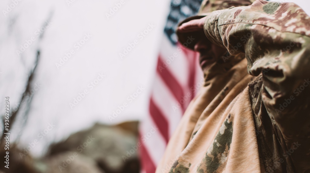 Fototapeta premium Soldier Saluting in Front of National Flag with Military Camouflage and Warm Fabric Details, Concept for Veterans Day and Memorial Day Tribute with Copy Space