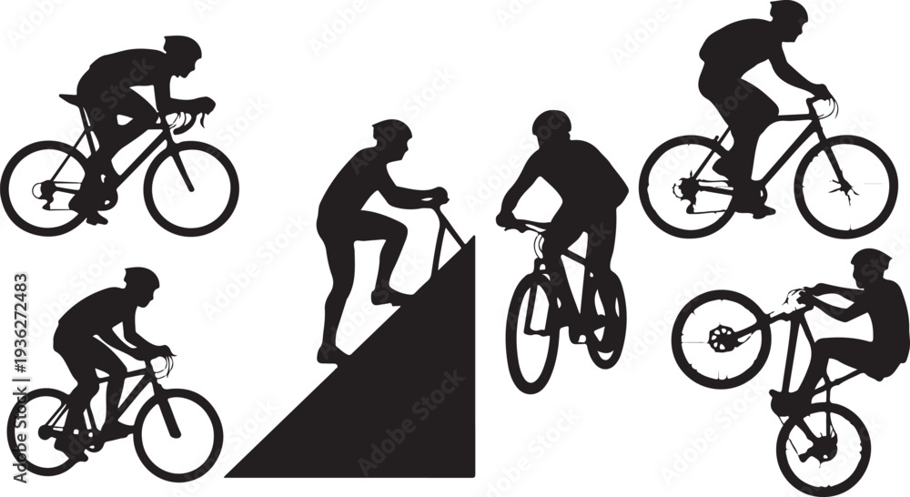 Fototapeta premium Black silhouette collection of five cycling action poses on a white background, minimal outline