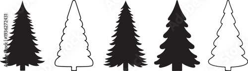 Black silhouette collection of five Christmas tree shapes on a white background, minimal outline