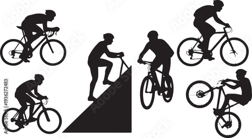 Black silhouette collection of five cycling action poses on a white background, minimal outline