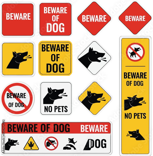 Collection of Beware of Dog and No Pets Warning Signs in Vector Format for Safety and Security