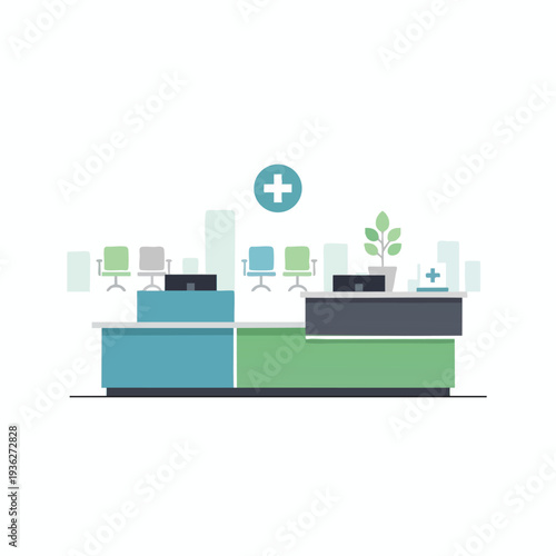 Modern Hospital Reception Area with Medical Desk and Patient Chairs