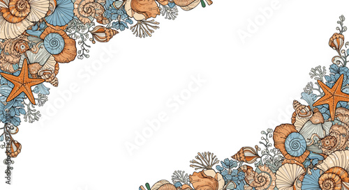 Decorative frame design featuring a variety of hand drawn sea shells and starfish arranged in opposite corners on white background.
