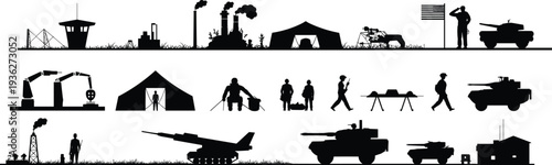 PrintSet of black military and industrial silhouettes, army soldiers, tanks, missile launchers, and factory icons for defense design,