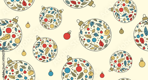 Holiday themed seamless pattern showcasing various decorated Christmas baubles with colorful leaves and berries on a cream background.