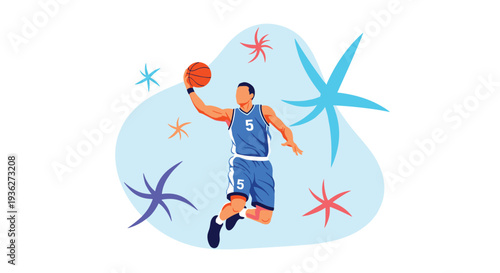 Basketball player in mid air performing a slam dunk with a blue and purple starburst background to emphasize athletic achievement.