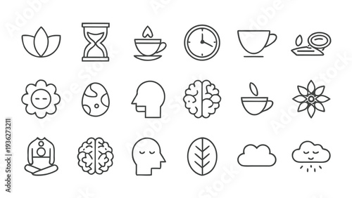  Zen Mindfulness and Mental Wellness Line Art Icons set with Copy Space.