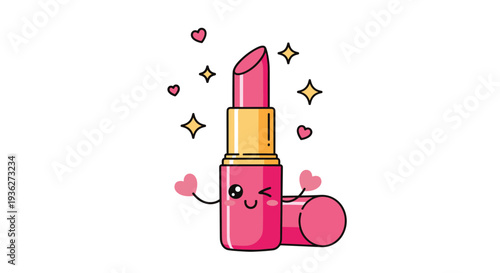 Cute pink lipstick tube cartoon character winking with hearts and stars around it on a white background for beauty and fashion themes.
