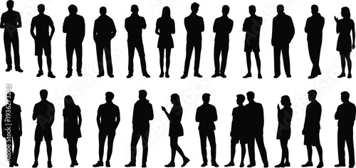 PrintSet of black human silhouettes, diverse people standing and walking, male and female figures for architectural vector design,
