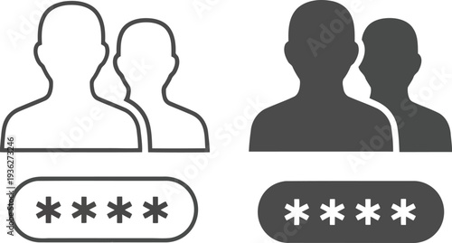 User Account Login Icon Set with Password Protection Symbols in Black and White Vector Illustration