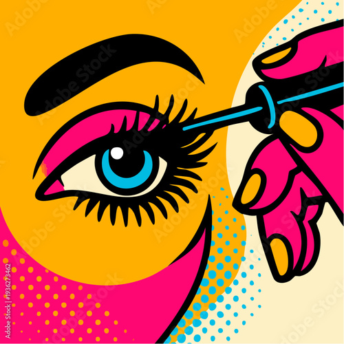 pop‑bright mascara moment where bold lashes, electric color blocks, and comic‑style energy amplify a single expressive eye