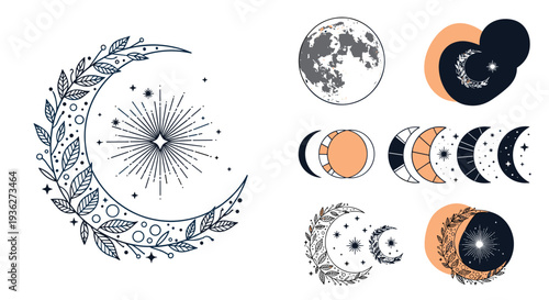 Mystical collection of moon phases and celestial symbols with stars leaves and geometric shapes for spiritual and esoteric designs.