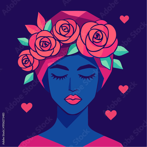 midnight serenity where a blue‑toned muse blooms with rose‑crowned grace and quiet, heart‑lit devotion
