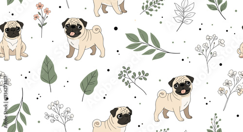 Adorable pug dog seamless pattern with various plants leaves and flowers on a white background for animal lovers and dog owners.