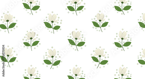 Elegant seamless pattern of white flowers with green leaves and small circles on a white background for spring and wedding themes.