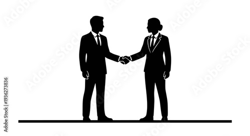 Deal silhouette: A sleek black-and-white image of two business professionals shaking hands. It symbolizes agreement, partnership and collaboration.