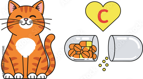 Cute Cat Vitamin C Concept with Pills Capsule and Heart Cartoon Flat Vector Illustration Isolated on White Background