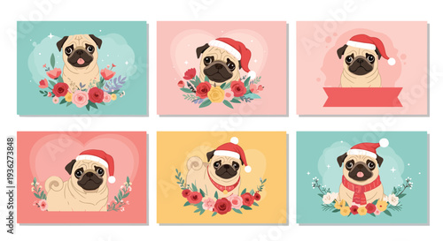 Set of six adorable pug dog greeting cards for Christmas and holidays featuring festive hats, colorful flowers, and winter theme decorations.