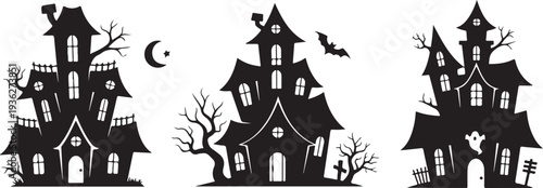 Black silhouette collection of five haunted house designs on a white background, minimal outline
