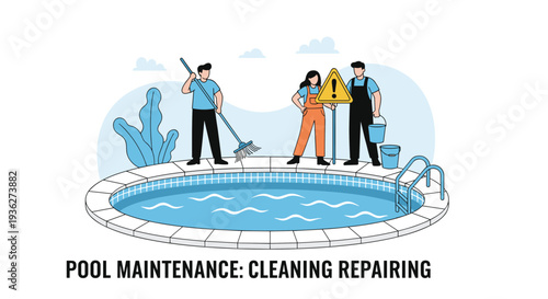 Professional maintenance team cleaning and repairing an outdoor swimming pool with tools and safety signs in a flat vector illustration style.