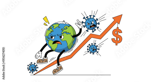 Anthropomorphic Earth character running up a rising financial arrow while being chased by angry blue viruses with a dollar sign background.