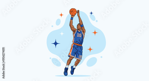 Dynamic illustration of a male basketball player in a blue and orange uniform jumping high to make a shot against a stylized background.