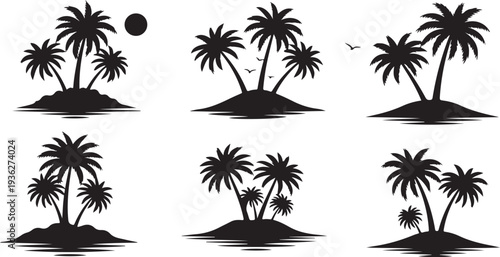 Black silhouette collection of five island scenes with palm trees on a white background, minimal outline