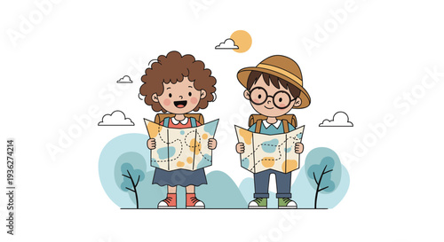 Two young explorers, a boy and a girl, holding maps and wearing backpacks while standing in a landscape in a cute cartoon illustration.