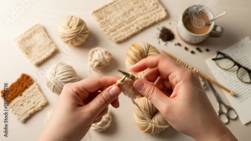 Hands Knitting with Yarn and Needles.