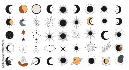 Diverse collection of mystical celestial and botanical elements including moon phases, suns, stars, leaves, and constellations in a boho style.