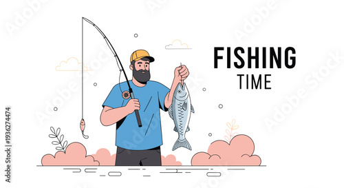Happy bearded fisherman in a blue t-shirt and yellow cap holding his large catch after a successful fishing trip on a lake.