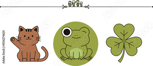 Cute Cat Frog and Four Leaf Clover Cartoon Characters Lucky Symbols Flat Vector Illustration Isolated on White Background