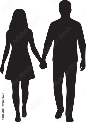 Loving couple walking hand in hand in silhouette