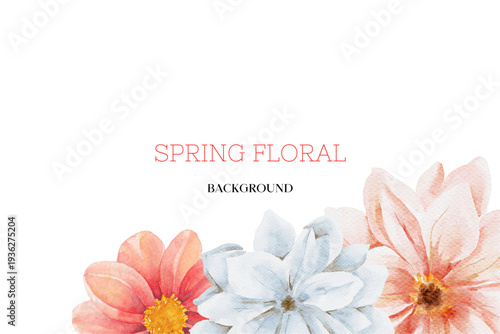 Spring floral in watercolor vector background. Luxury wallpaper design with pink flowers, line art, golden texture.
