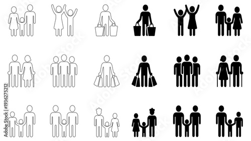 Family Icons Set - Diverse Family Structures, Single Parents, Seniors, and Shopping Activities in Line and Solid Silhouette Style.