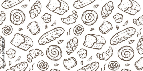 Bread hand drawn pattern. Bakery background doodle. Sketch style pastry illustration seamless pattern for packaging containing brioche, croissant, donut, pretzel, wheat, toast, baguette, loaf.